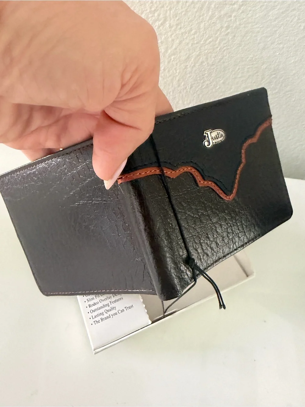 Justin Boots Black Wallet with cognac Accent Stitching New